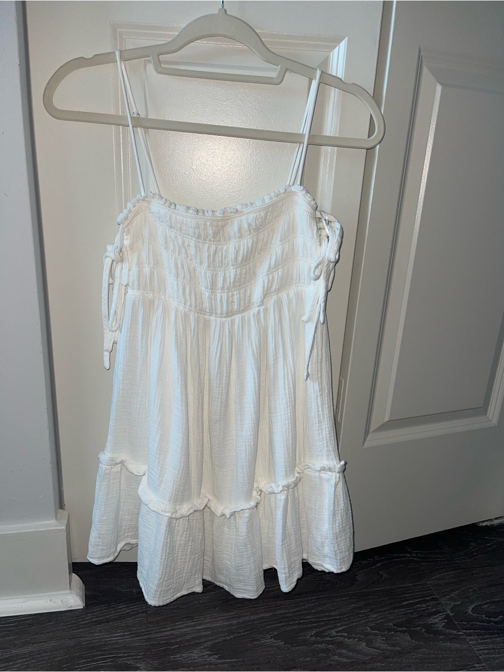 White Smocked Tiered Mini Dress with Spaghetti Straps
